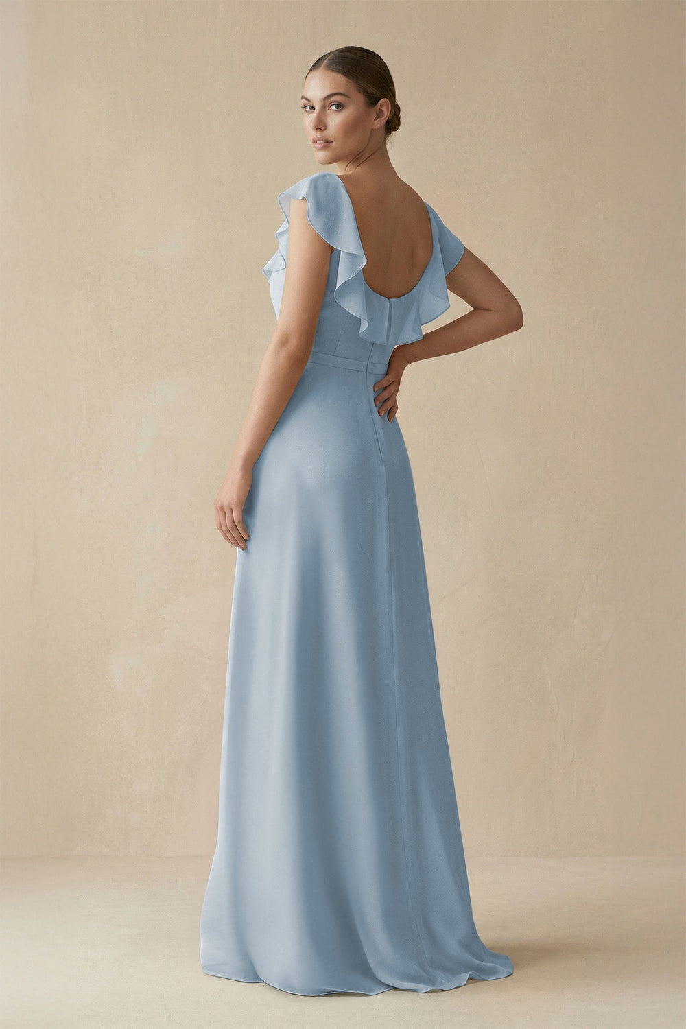 Square Neck A - Line Bridesmaid Dress with Ruffles in Dusty Blue - KissProm Bridesmaid Dresses