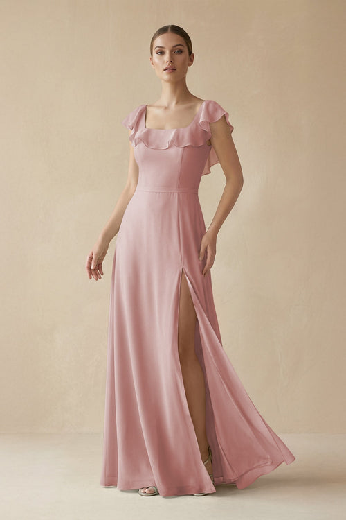Square Neck A-Line Bridesmaid Dress with Ruffles in Dusty Rose, Dusty Rose / 6 Square Neck A-Line Bridesmaid Dress with Ruffles in Dusty Rose, Dusty Rose / 6