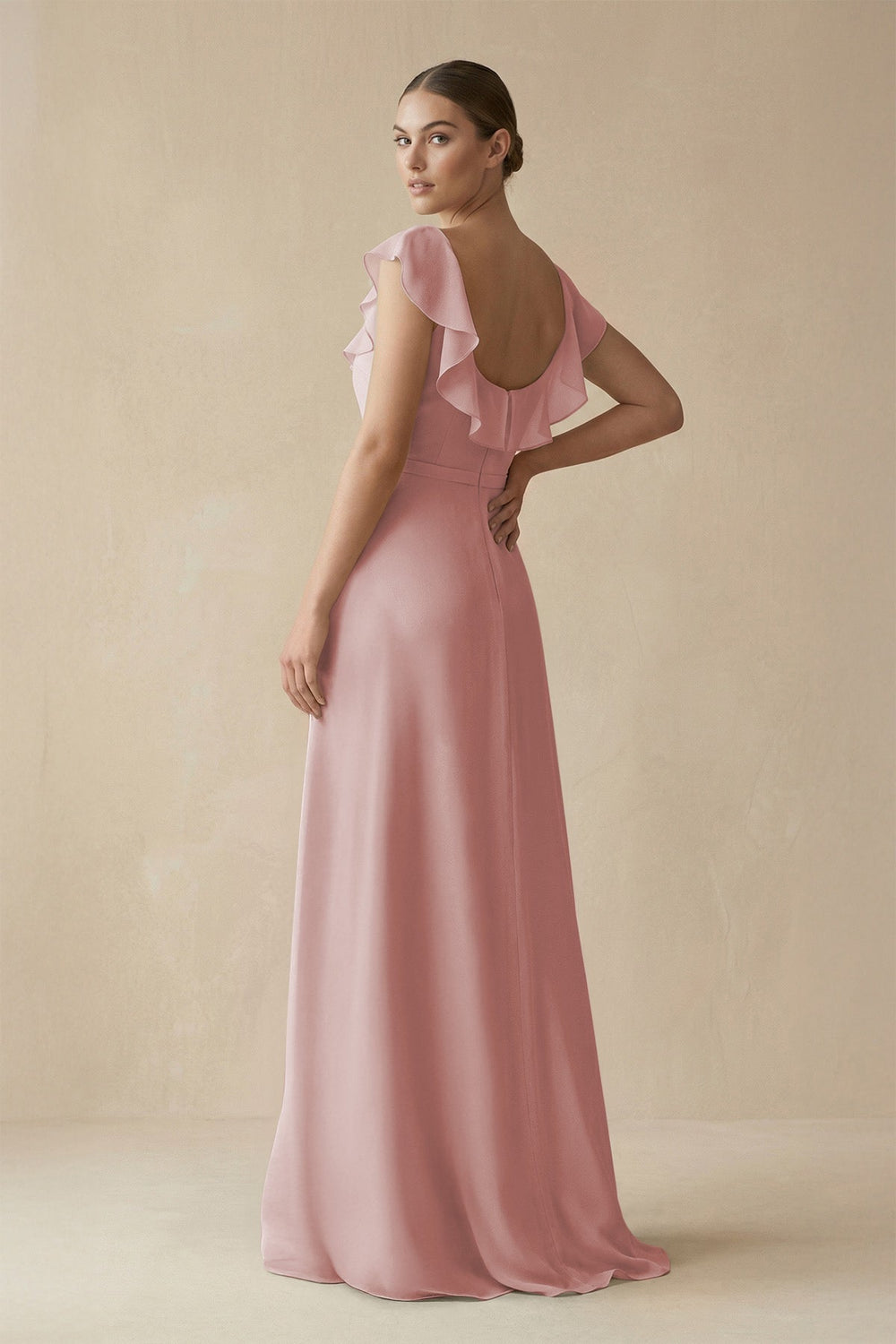 Square Neck A - Line Bridesmaid Dress with Ruffles in Dusty Rose - KissProm Bridesmaid Dresses
