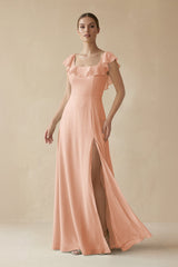 Square Neck A - Line Bridesmaid Dress with Ruffles in English Rose - KissProm Bridesmaid Dresses