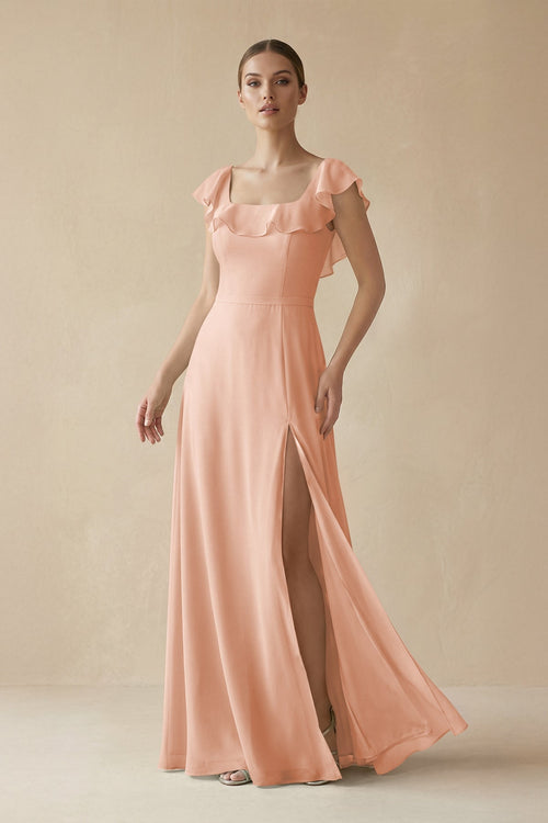 Square Neck A - Line Bridesmaid Dress with Ruffles in English Rose - KissProm Bridesmaid Dresses