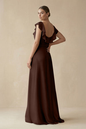 Square Neck A - Line Bridesmaid Dress with Ruffles in Espresso - KissProm Bridesmaid Dresses