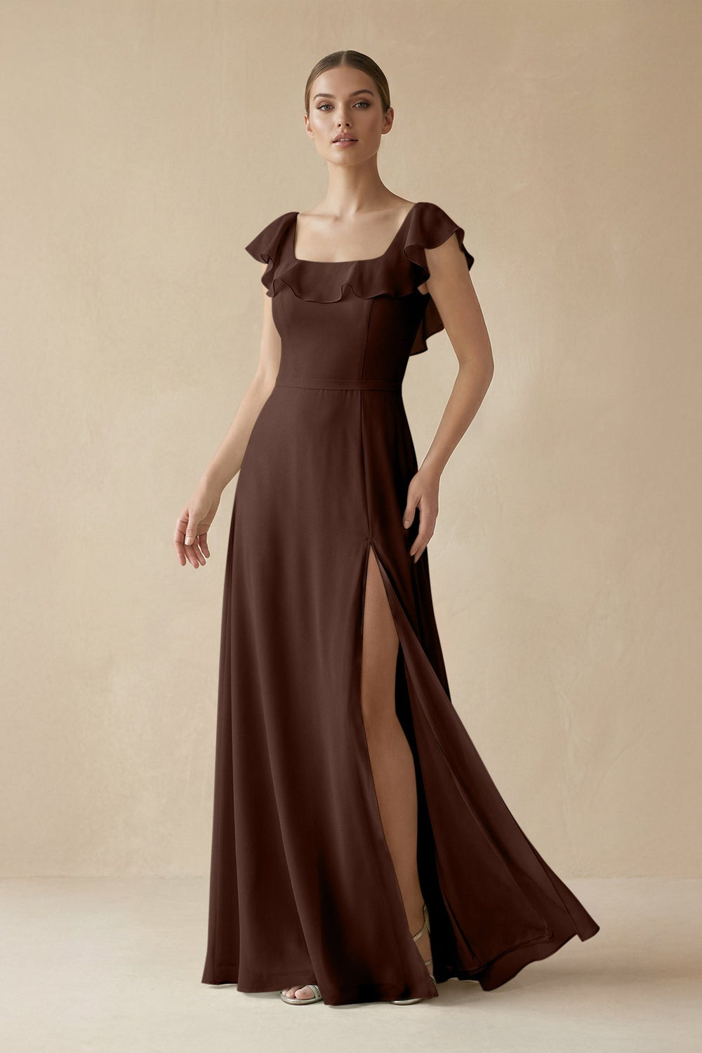 Square Neck A - Line Bridesmaid Dress with Ruffles in Espresso - KissProm Bridesmaid Dresses