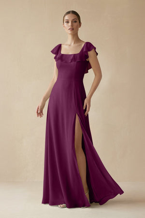 Square Neck A - Line Bridesmaid Dress with Ruffles in Fig - KissProm Bridesmaid Dresses