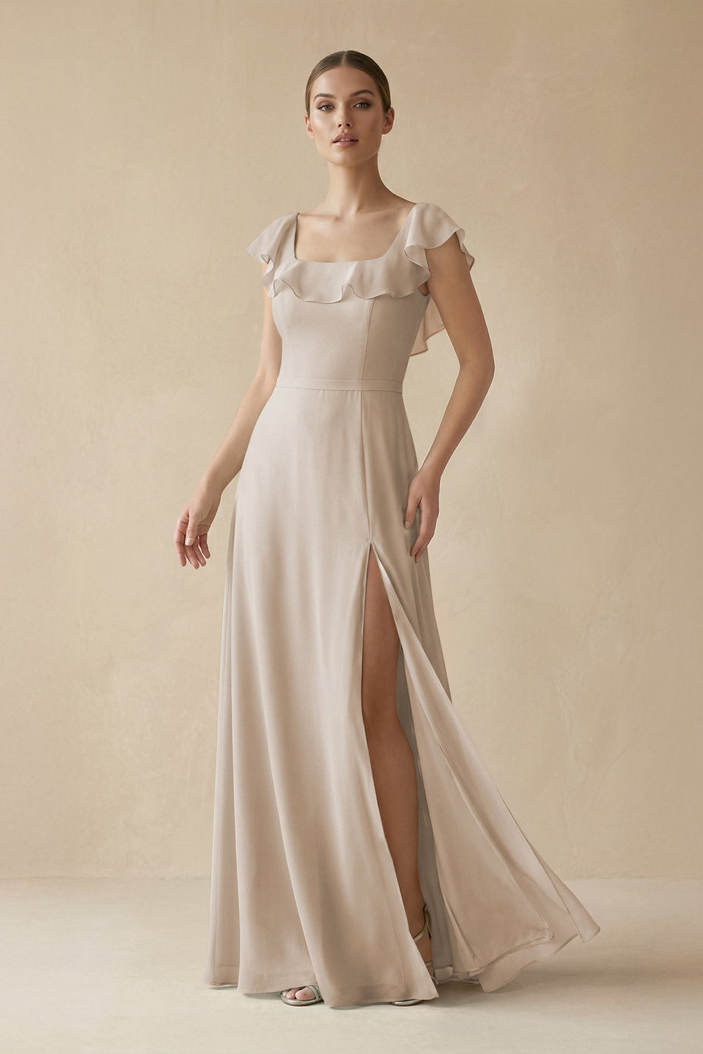 Square Neck A - Line Bridesmaid Dress with Ruffles in Frost - KissProm Bridesmaid Dresses