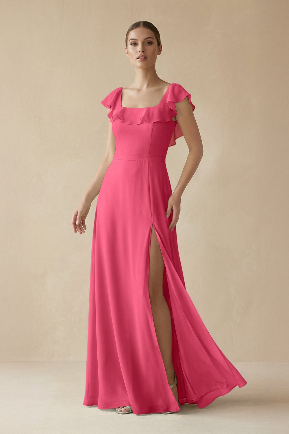 Square Neck A - Line Bridesmaid Dress with Ruffles in Fuchsia - KissProm Bridesmaid Dresses