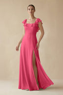 Square Neck A - Line Bridesmaid Dress with Ruffles in Fuchsia - KissProm Bridesmaid Dresses