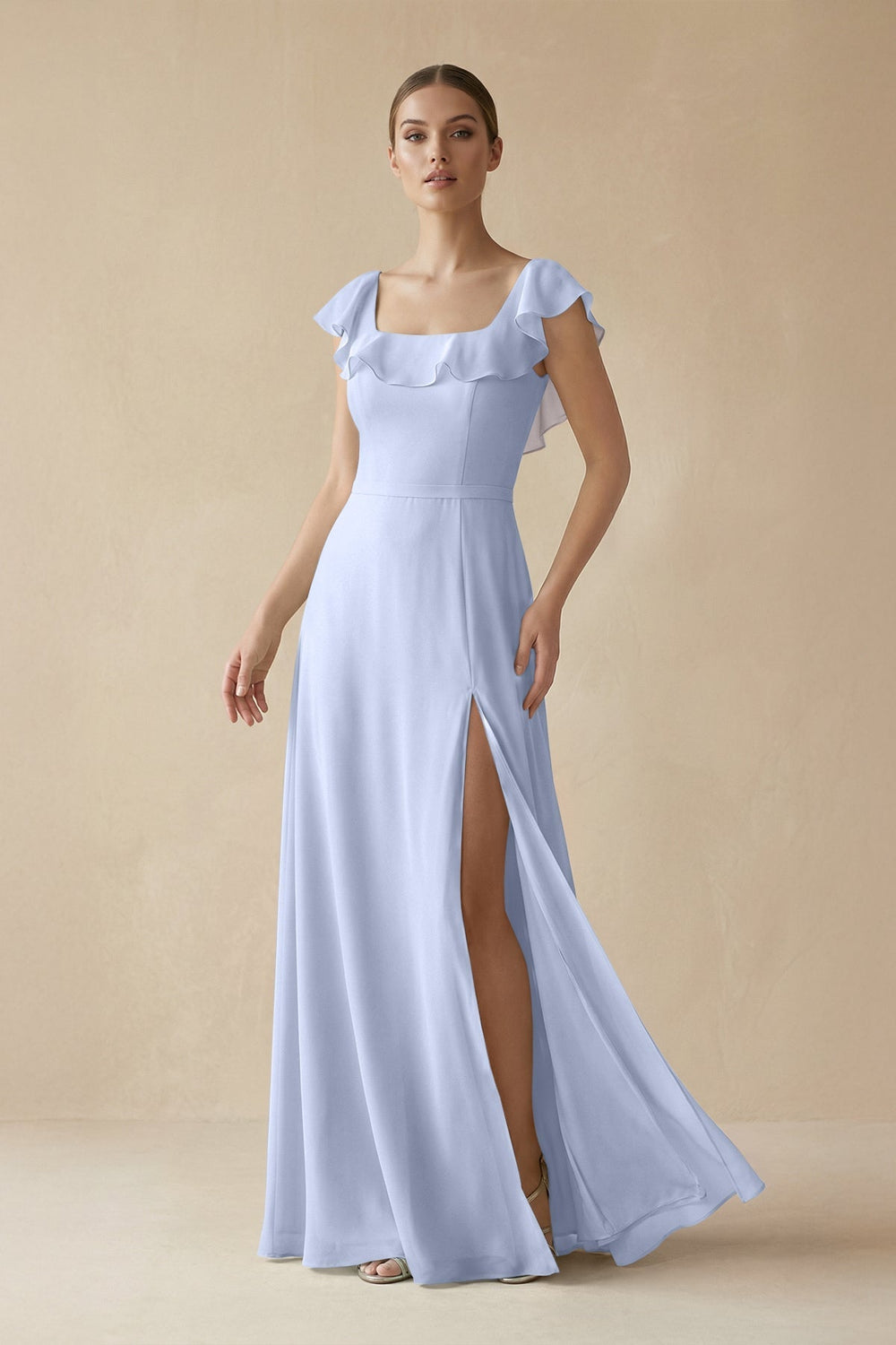 Square Neck A - Line Bridesmaid Dress with Ruffles in Ice - KissProm Bridesmaid Dresses