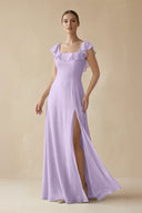 Square Neck A - Line Bridesmaid Dress with Ruffles in Lavender - KissProm Bridesmaid Dresses