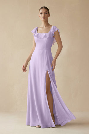 Square Neck A - Line Bridesmaid Dress with Ruffles in Lavender - KissProm Bridesmaid Dresses