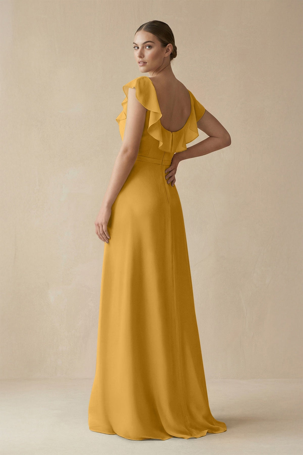 Square Neck A - Line Bridesmaid Dress with Ruffles in Marigold - KissProm Bridesmaid Dresses