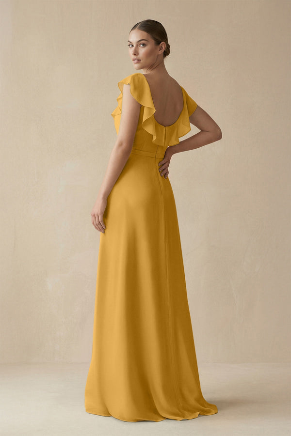 Square Neck A - Line Bridesmaid Dress with Ruffles in Marigold - KissProm Bridesmaid Dresses