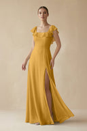Square Neck A - Line Bridesmaid Dress with Ruffles in Marigold - KissProm Bridesmaid Dresses