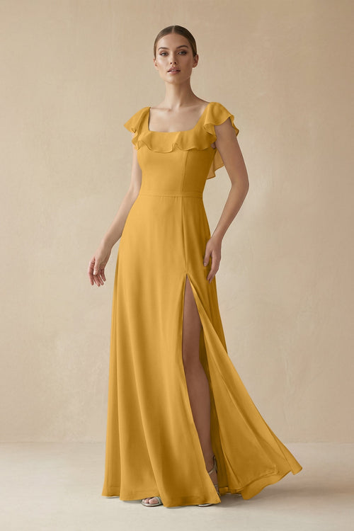 Square Neck A - Line Bridesmaid Dress with Ruffles in Marigold - KissProm Bridesmaid Dresses