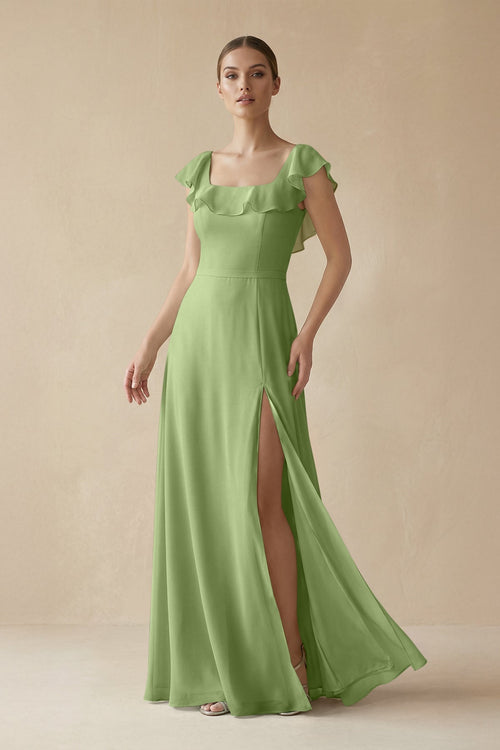 KissProm Square Neck A-Line Bridesmaid Dress with Ruffles in Matcha, Matcha / 18