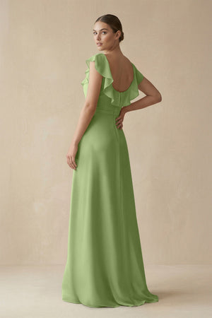 Square Neck A - Line Bridesmaid Dress with Ruffles in Matcha - KissProm Bridesmaid Dresses