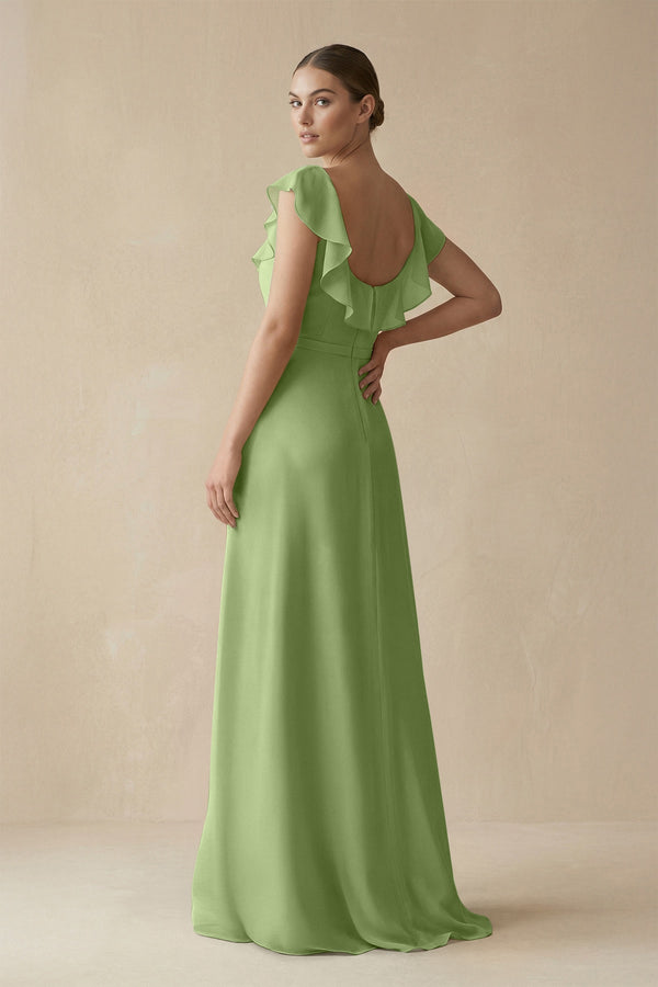 KissProm | Sarela Square Neck Ruffled Bridesmaid Dress in Matcha