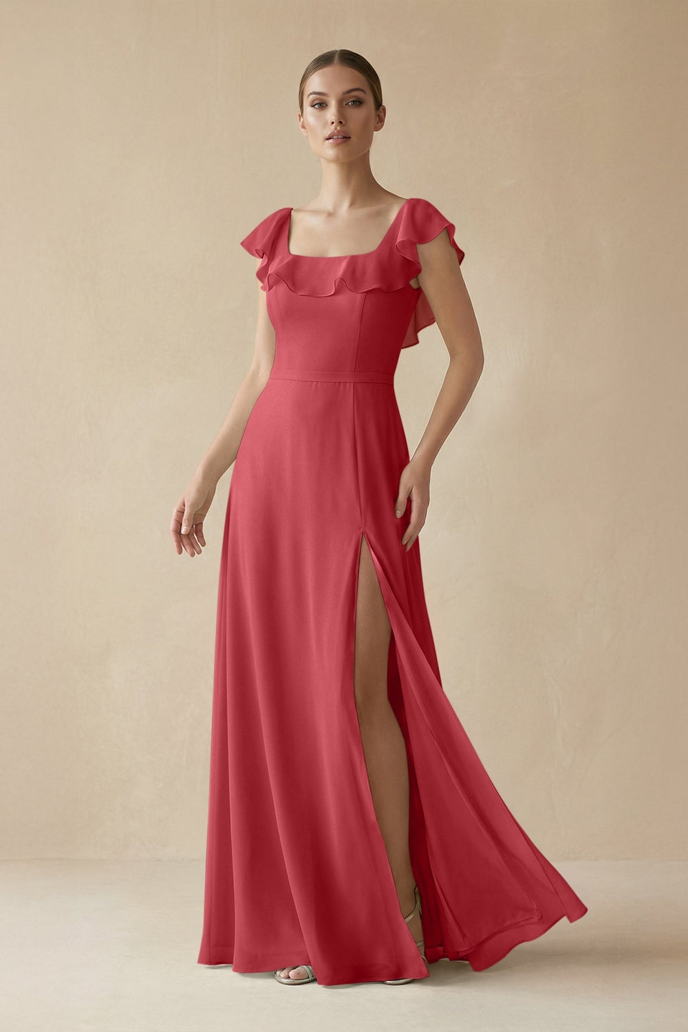 Square Neck A - Line Bridesmaid Dress with Ruffles in Merlot - KissProm Bridesmaid Dresses