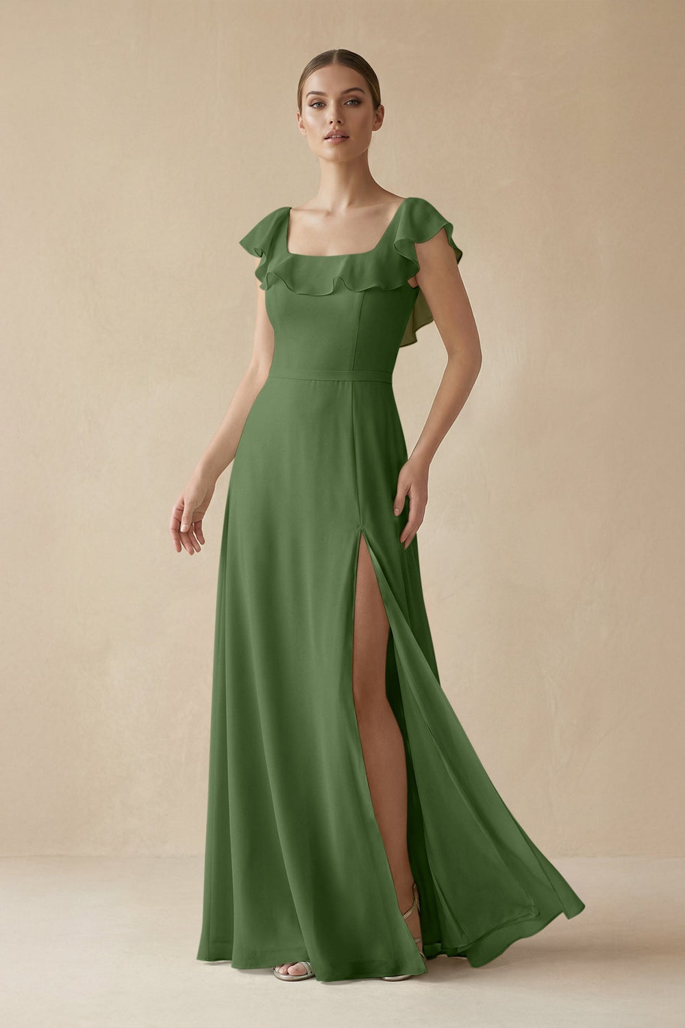 Square Neck A - Line Bridesmaid Dress with Ruffles in Moss - KissProm Bridesmaid Dresses