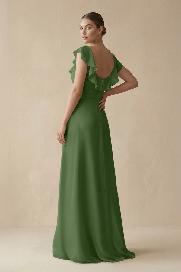 Square Neck A - Line Bridesmaid Dress with Ruffles in Moss - KissProm Bridesmaid Dresses