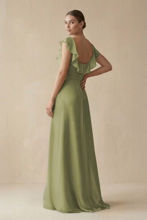 Square Neck A - Line Bridesmaid Dress with Ruffles in Moss Green - KissProm Bridesmaid Dresses