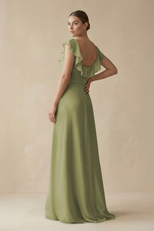 Square Neck A - Line Bridesmaid Dress with Ruffles in Moss Green - KissProm Bridesmaid Dresses