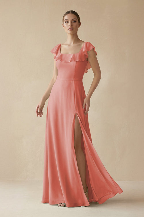 Square Neck A - Line Bridesmaid Dress with Ruffles in Mulberry - KissProm Bridesmaid Dresses