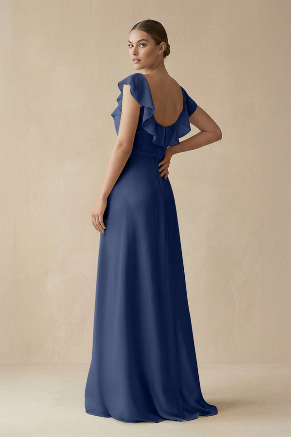 Square Neck A - Line Bridesmaid Dress with Ruffles in Navy - KissProm Bridesmaid Dresses