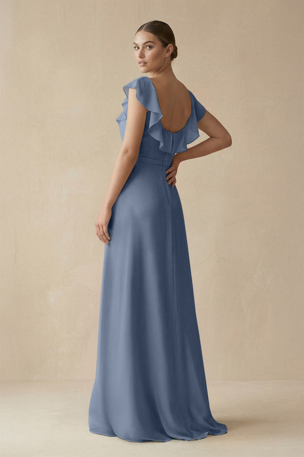 Square Neck A - Line Bridesmaid Dress with Ruffles in Neptune - KissProm Bridesmaid Dresses