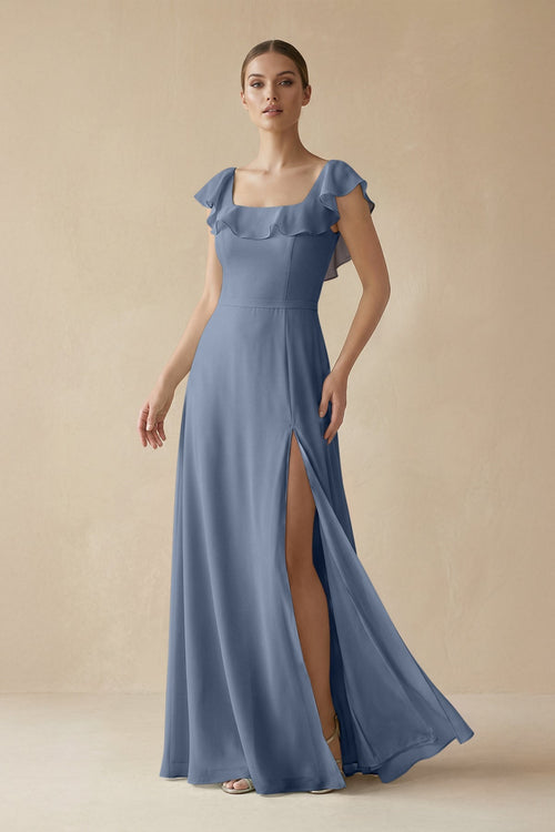 Square Neck A - Line Bridesmaid Dress with Ruffles in Neptune - KissProm Bridesmaid Dresses