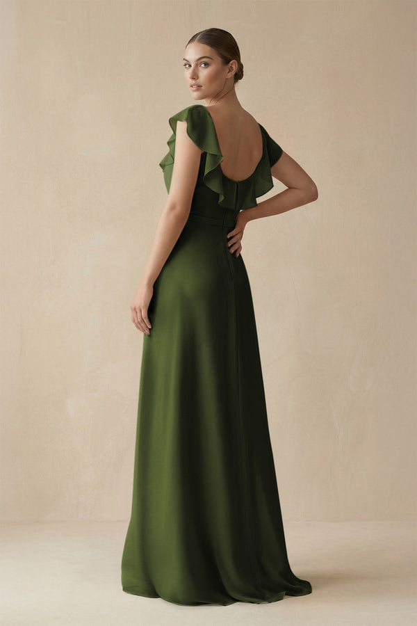 Square Neck A - Line Bridesmaid Dress with Ruffles in Olive - KissProm Bridesmaid Dresses