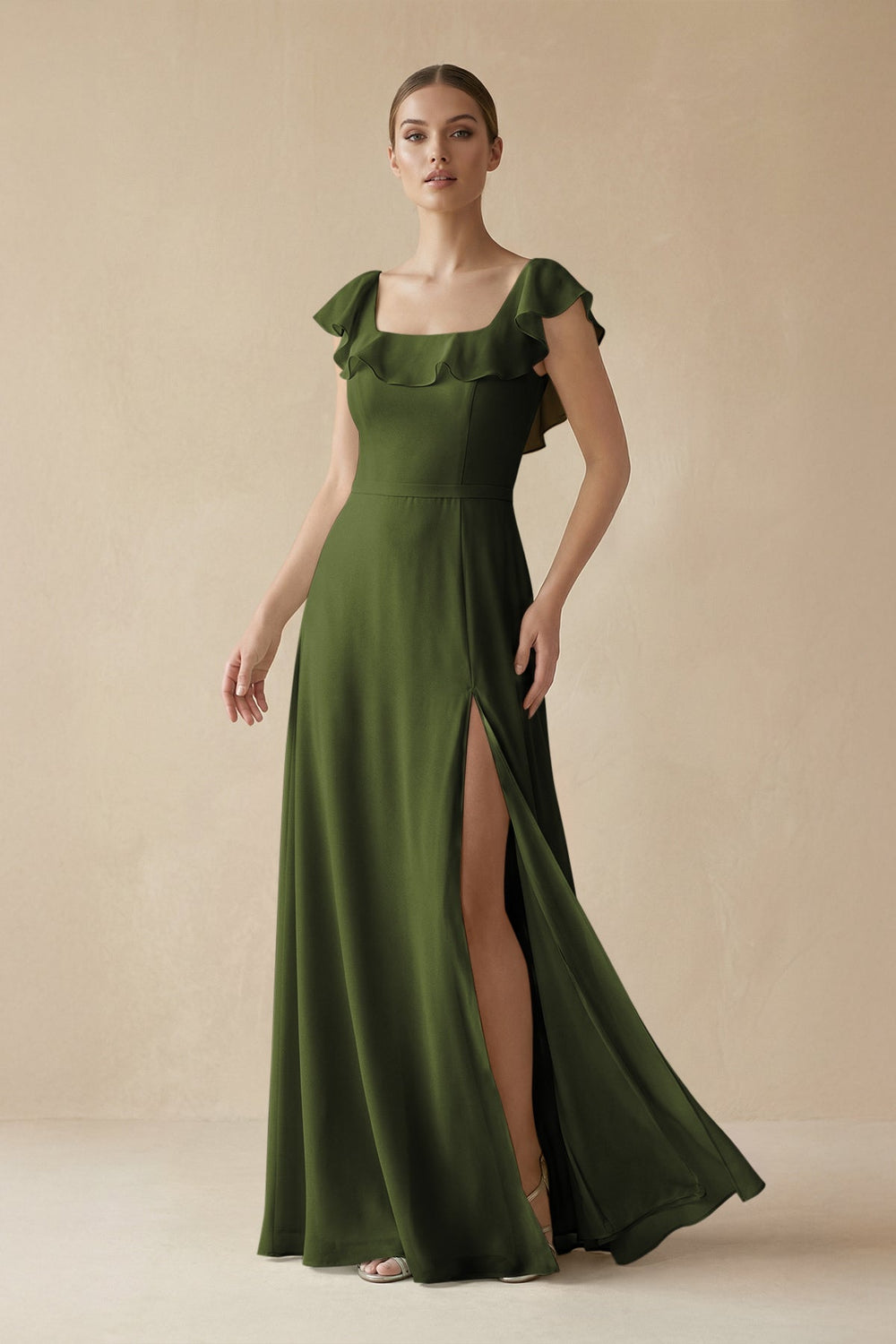 Square Neck A - Line Bridesmaid Dress with Ruffles in Olive - KissProm Bridesmaid Dresses