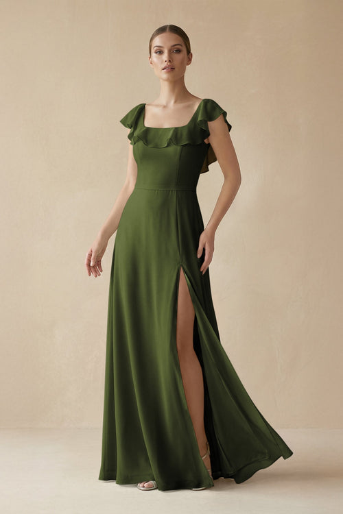 Square Neck A-Line Bridesmaid Dress with Ruffles in Olive, Olive / 12