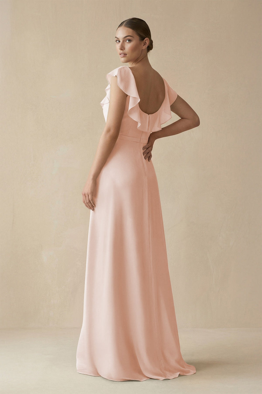 Square Neck A - Line Bridesmaid Dress with Ruffles in Pale Blush - KissProm Bridesmaid Dresses