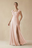 Square Neck A - Line Bridesmaid Dress with Ruffles in Pale Blush - KissProm Bridesmaid Dresses