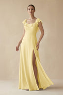 Square Neck A - Line Bridesmaid Dress with Ruffles in Pastel Yellow - KissProm Bridesmaid Dresses