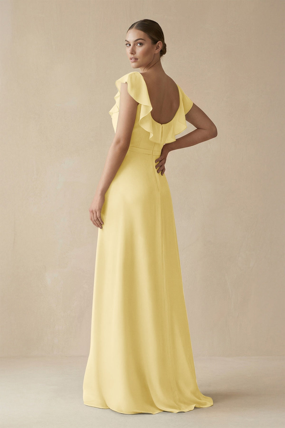Square Neck A - Line Bridesmaid Dress with Ruffles in Pastel Yellow - KissProm Bridesmaid Dresses
