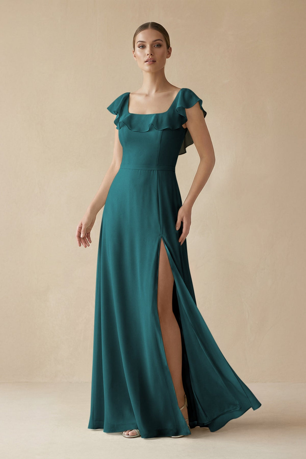 Square Neck A - Line Bridesmaid Dress with Ruffles in Pine - KissProm Bridesmaid Dresses