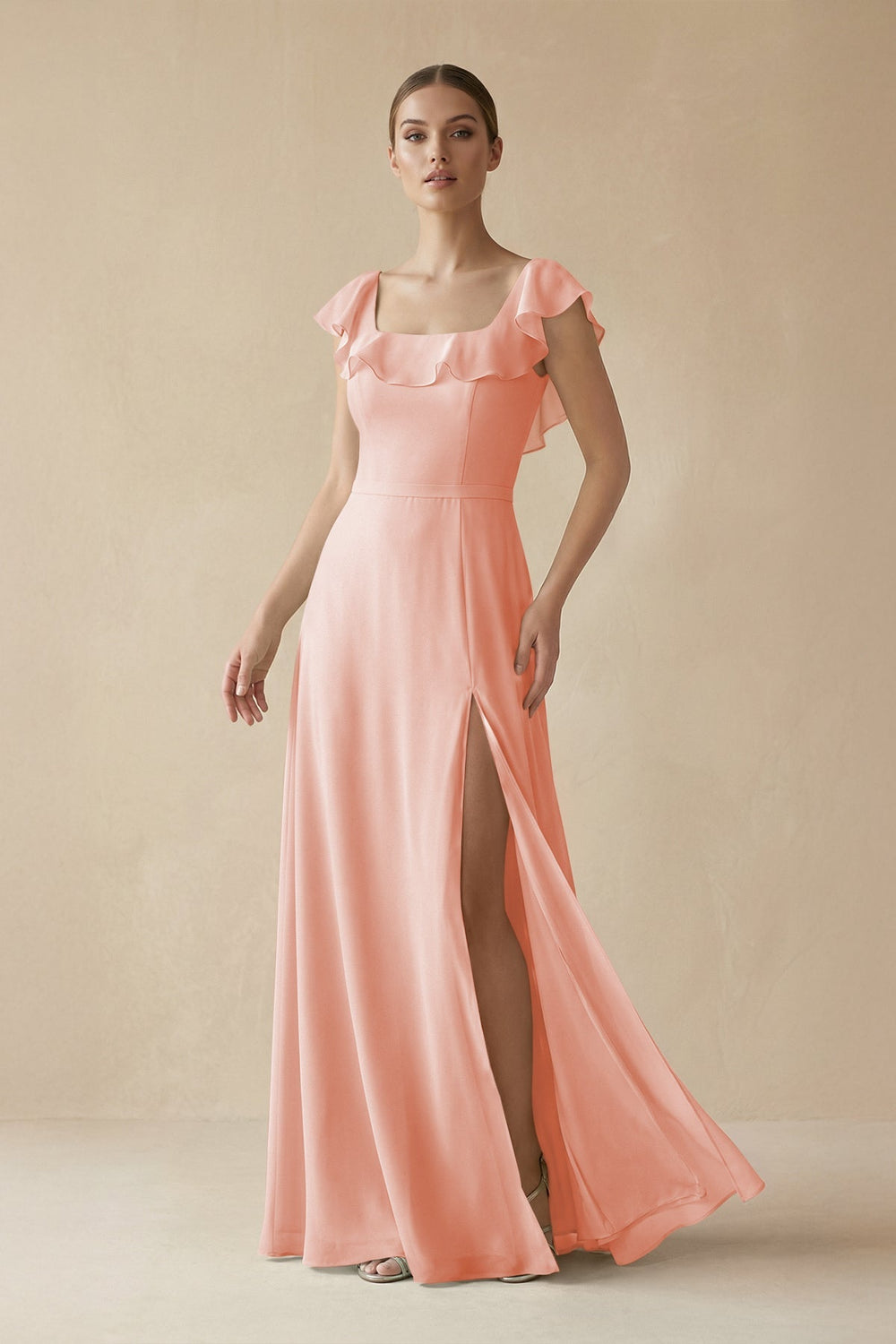 Square Neck A - Line Bridesmaid Dress with Ruffles in Rose Petal - KissProm Bridesmaid Dresses