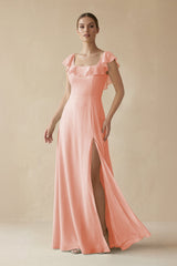 Square Neck A - Line Bridesmaid Dress with Ruffles in Rose Petal - KissProm Bridesmaid Dresses