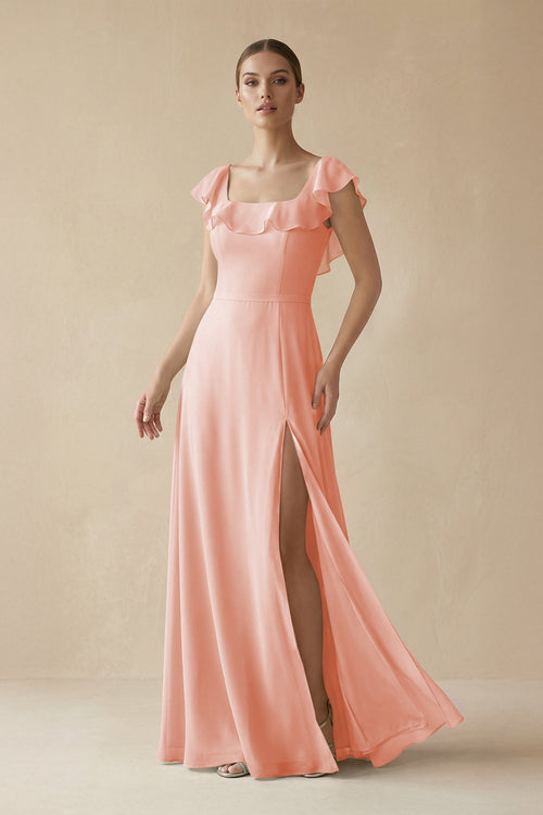 Square Neck A - Line Bridesmaid Dress with Ruffles in Rose Petal - KissProm Bridesmaid Dresses