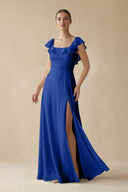Square Neck A - Line Bridesmaid Dress with Ruffles in Royal Blue - KissProm Bridesmaid Dresses