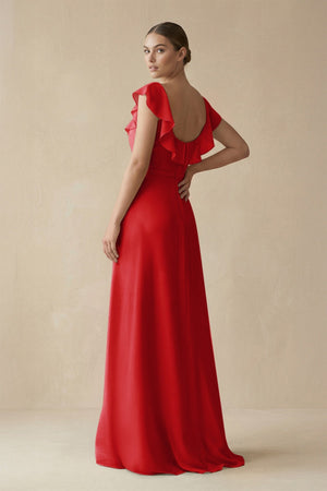 Square Neck A - Line Bridesmaid Dress with Ruffles in Ruby Red - KissProm Bridesmaid Dresses
