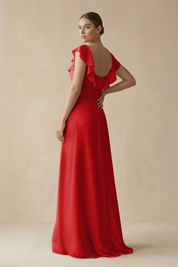 Square Neck A - Line Bridesmaid Dress with Ruffles in Ruby Red - KissProm Bridesmaid Dresses