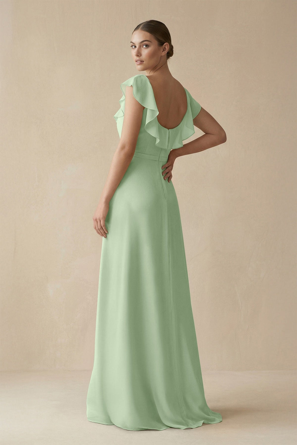 Square Neck A - Line Bridesmaid Dress with Ruffles in Sage - KissProm Bridesmaid Dresses