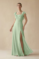 Square Neck A - Line Bridesmaid Dress with Ruffles in Sage - KissProm Bridesmaid Dresses
