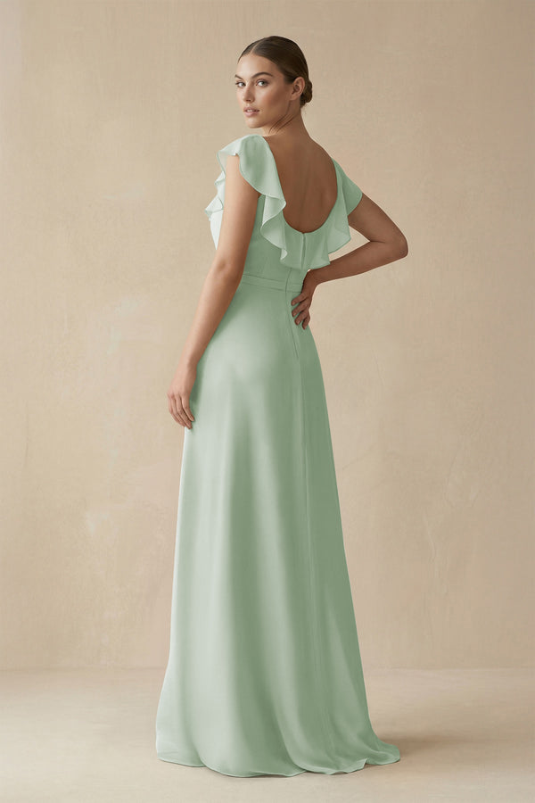 Square Neck A - Line Bridesmaid Dress with Ruffles in Sage - KissProm Bridesmaid Dresses