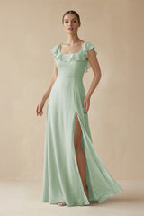Square Neck A - Line Bridesmaid Dress with Ruffles in Sage - KissProm Bridesmaid Dresses