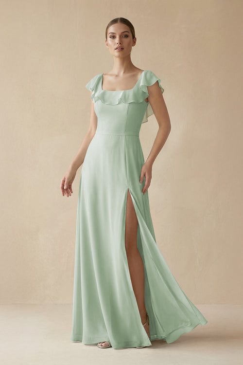 Square Neck A - Line Bridesmaid Dress with Ruffles in Sage - KissProm Bridesmaid Dresses