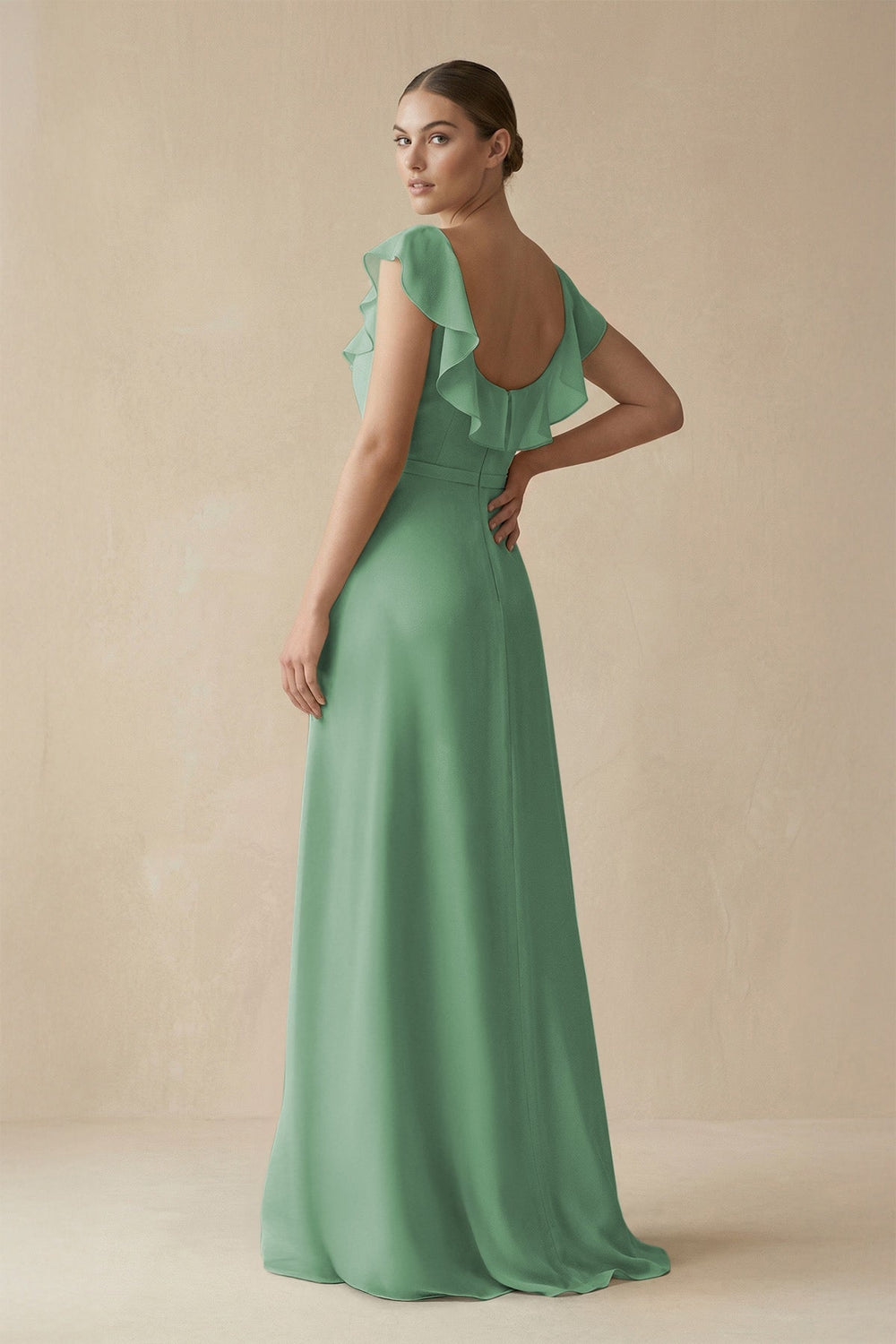 Square Neck A - Line Bridesmaid Dress with Ruffles in Sea Glass - KissProm Bridesmaid Dresses